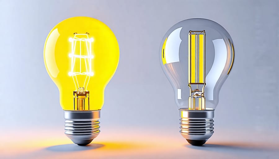 LED light bulb next to an incandescent bulb, highlighting differences in design