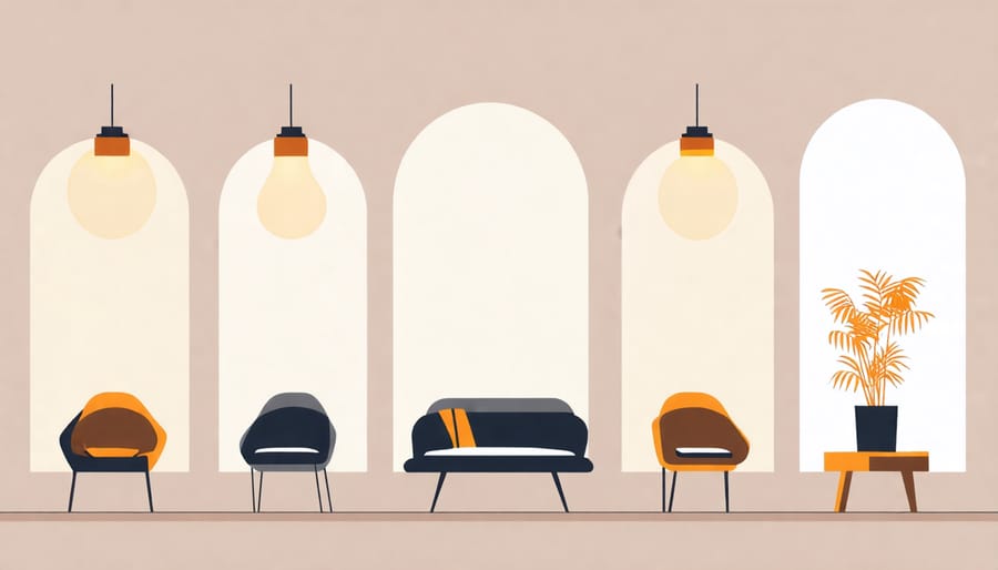 Conceptual illustrations depicting the five light fixtures in various interior design styles