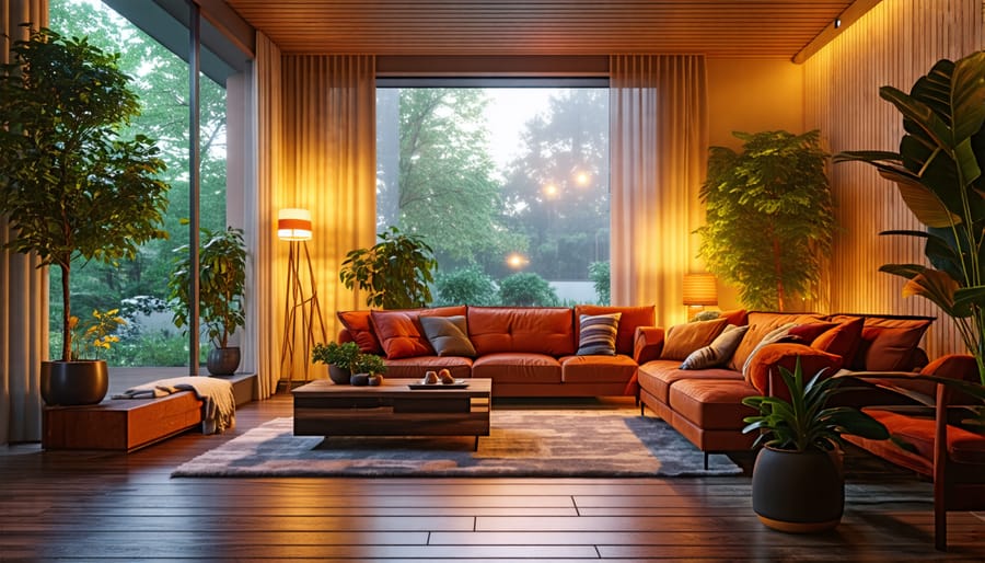 A living room featuring ambient lighting from the ceiling and accent lighting on artwork