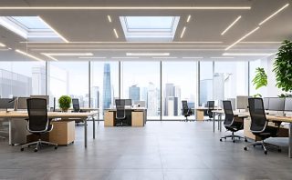 Contemporary workspace showcasing a blend of natural, LED, and smart lighting solutions, epitomizing a health-conscious and efficient lighting setup.