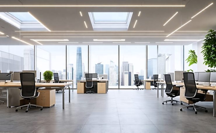 Contemporary workspace showcasing a blend of natural, LED, and smart lighting solutions, epitomizing a health-conscious and efficient lighting setup.