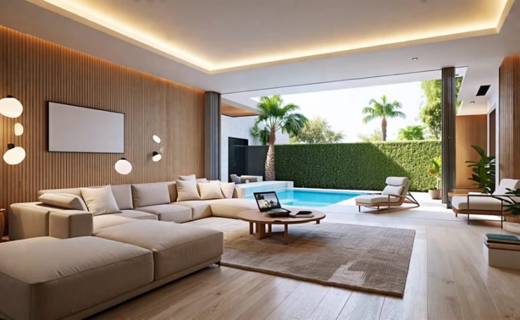 A modern living room featuring smart lighting technology with stylish LED fixtures, energy-efficient bulbs, and mood lighting, controlled via a smart home app.