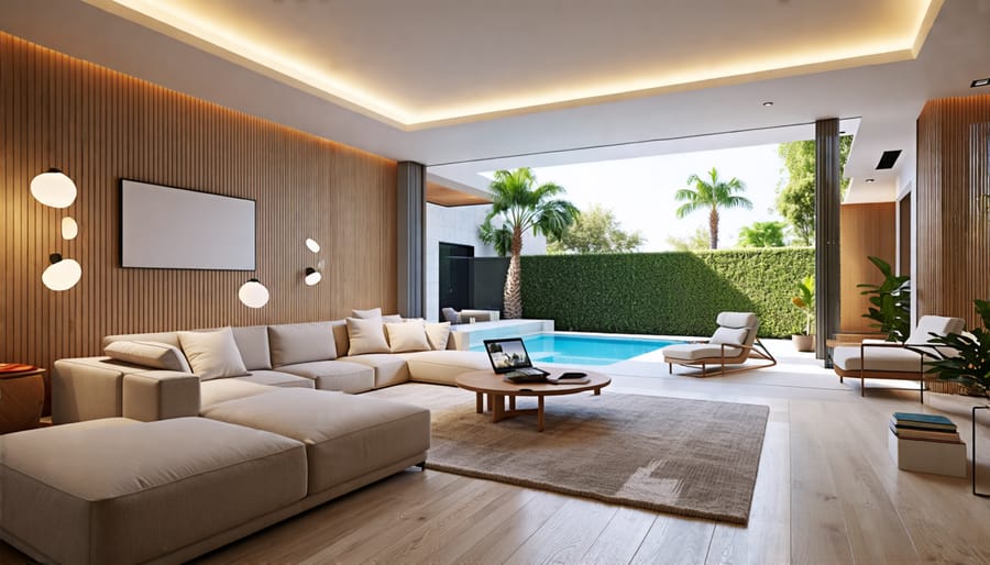 A modern living room featuring smart lighting technology with stylish LED fixtures, energy-efficient bulbs, and mood lighting, controlled via a smart home app.