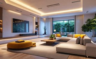 A contemporary living room featuring diverse, ambient lighting controlled by Zigbee technology, showcasing innovative smart home integration.