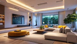 A contemporary living room featuring diverse, ambient lighting controlled by Zigbee technology, showcasing innovative smart home integration.