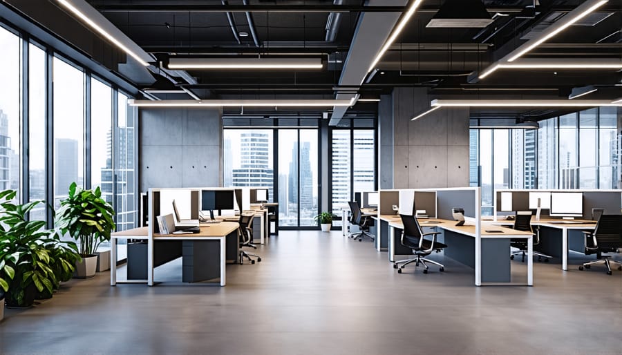 Office space with ceiling lights and desk lamps creating a well-lit and productive environment