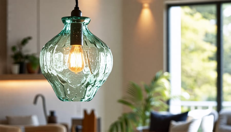 Eco-friendly pendant light made from recycled glass in a modern living room