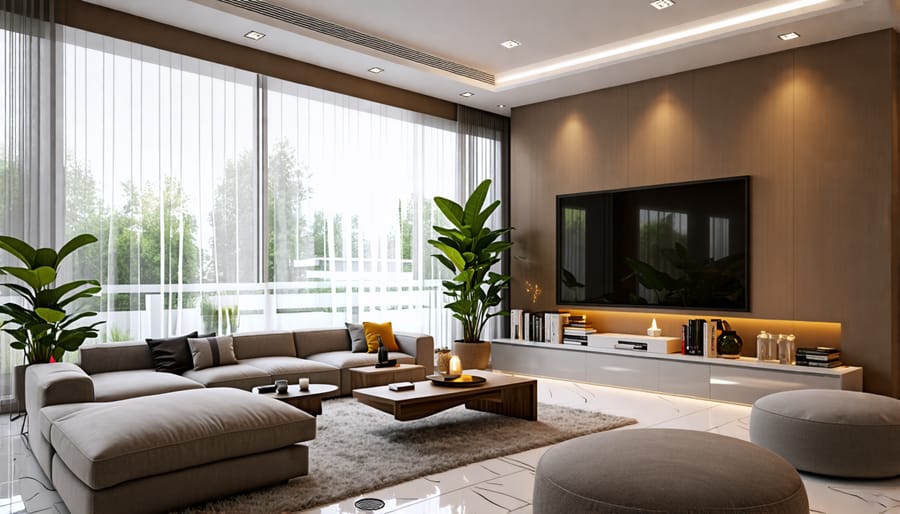 Chic living room showcasing automated lighting systems