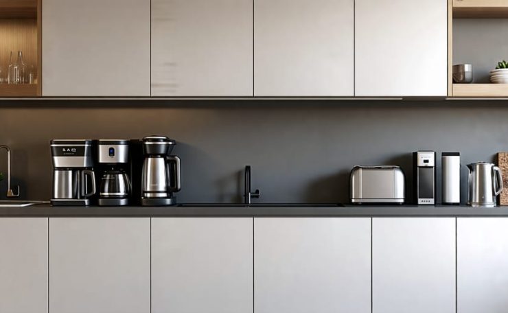 A modern kitchen with sleek cabinetry featuring an under cabinet angled power strip. Multiple appliances are plugged in, demonstrating the space-saving and convenience of the power strip.