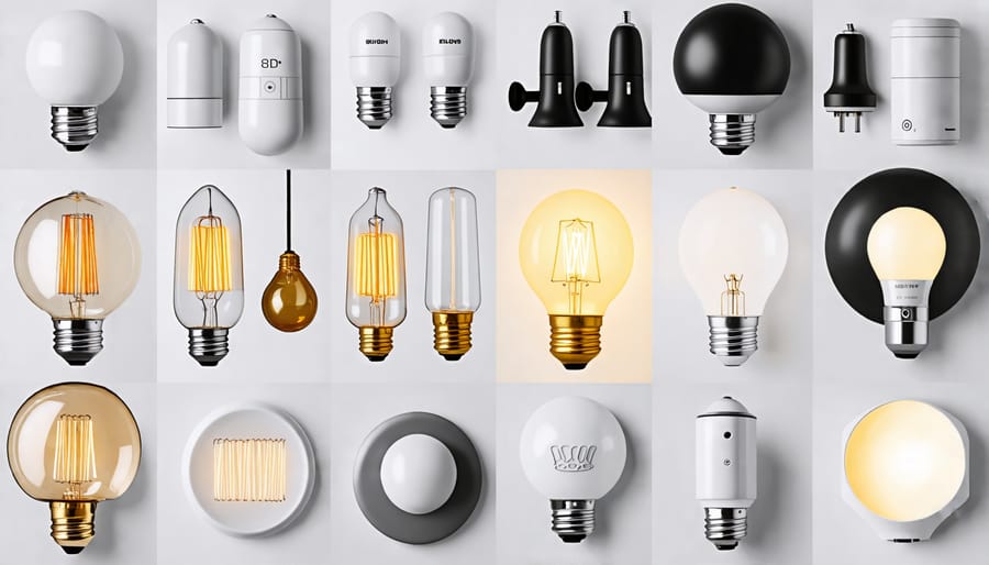 Collection of smart bulbs and light fixtures with diverse designs and capabilities