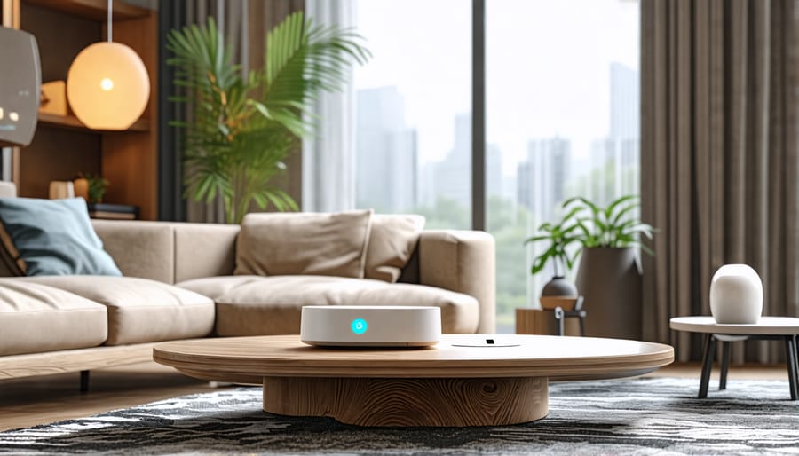 Modern living room with voice-activated smart bulbs controlled by a virtual assistant