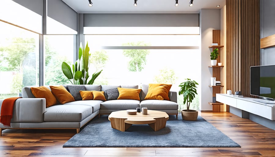 Modern living room featuring integrated smart home systems including smart lighting and speakers.