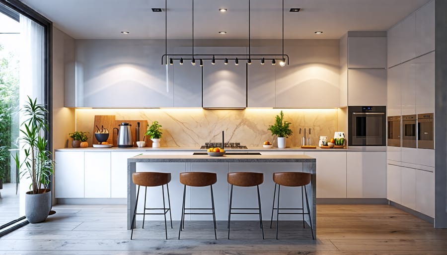 Kitchen with smart lighting systems displaying different lighting moods.