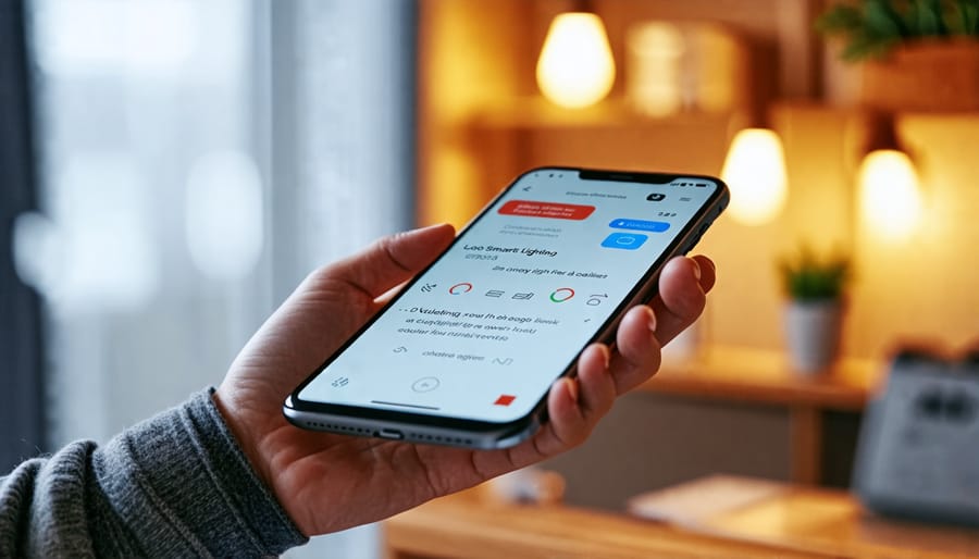 Hand holding a smartphone with a smart lighting control app