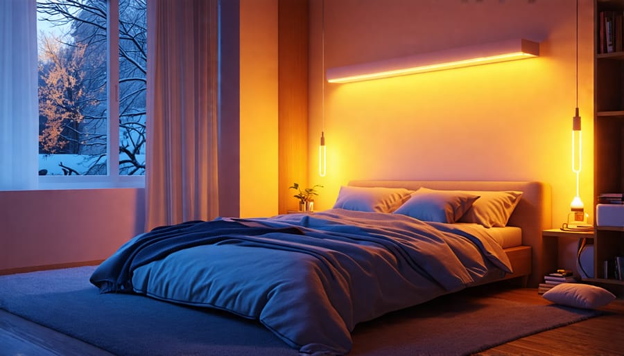 Bedroom illuminated by smart lighting in a warm color to create a calming atmosphere