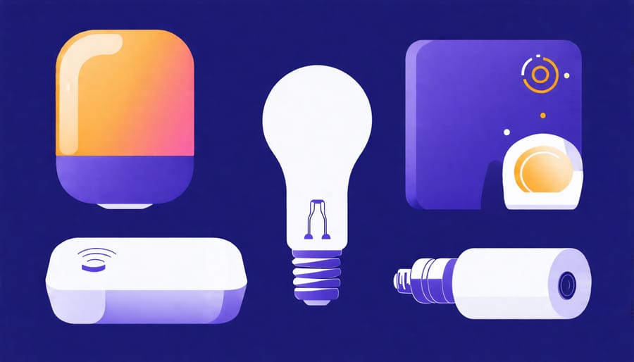 Diagram showing different components of a smart lighting system including bulbs, hubs, and a smartphone app