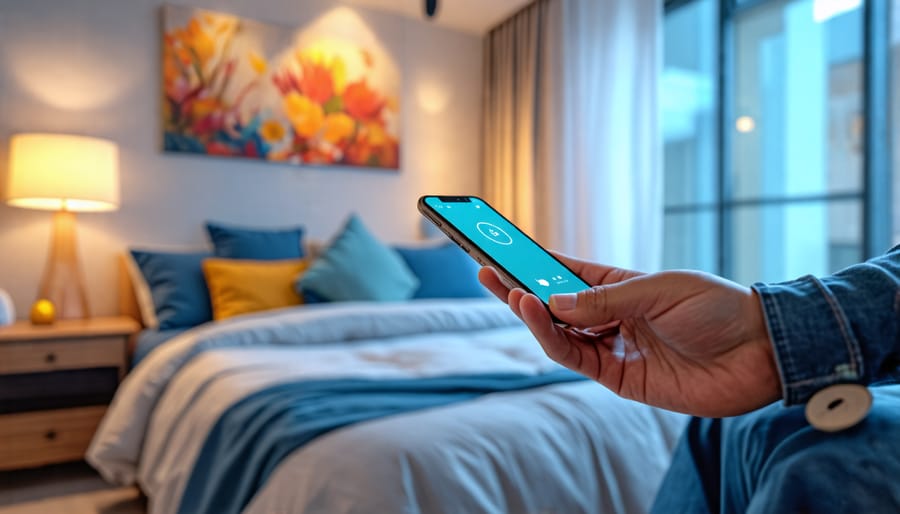 Demonstration of smart lighting control via a mobile app in a bedroom setting