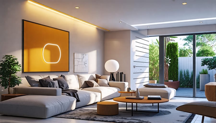 Smart lighting system in a living room controlled by a mobile app