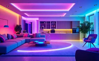 A modern living room displaying smart lighting features with adjustable ceiling lights and LED strips, controlled by a smartphone app.