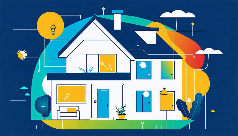 Infographic showing a smart lighting system setup in a home, demonstrating technological integration for sustainability