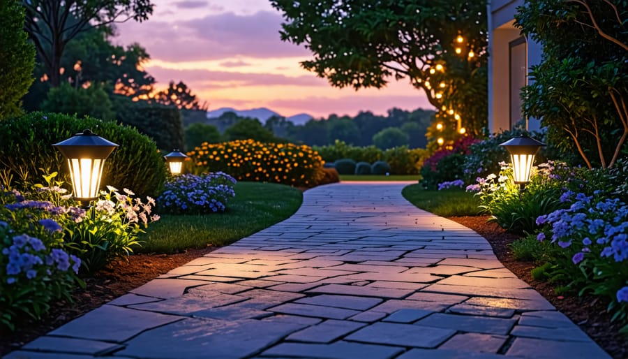 Solar-powered lights lining a path in a garden at twilight