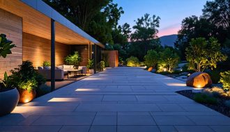 Modern indoor and outdoor settings illuminated by Soltech smart solar lighting, emphasizing eco-friendly design and energy efficiency.