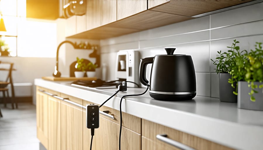 Example of an under cabinet angled power strip in use in a kitchen setting