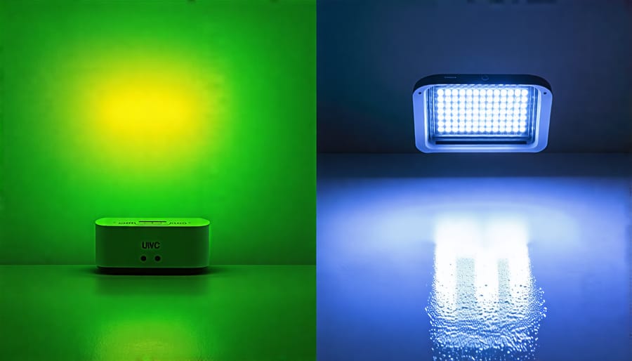 Side-by-side comparison of a conventional UV lamp and a UVC LED, demonstrating the advantages of LED technology