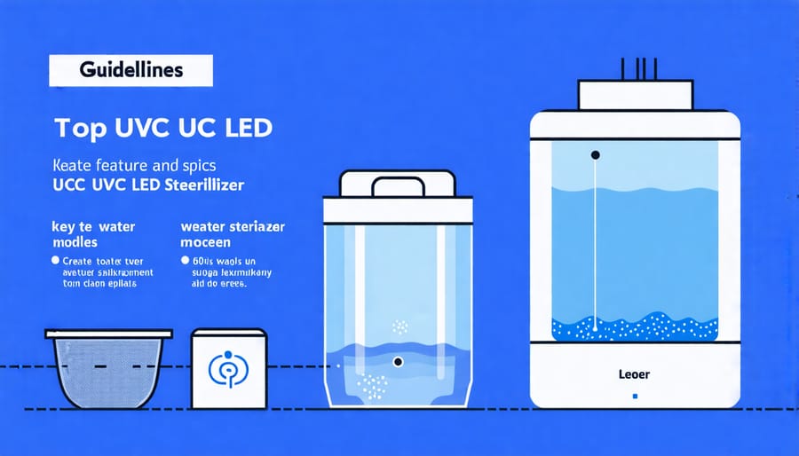 Comparison chart of popular UVC LED water sterilizers, highlighting flow rate, certifications, and other essential factors