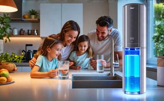 A family enjoying a glass of water in a modern kitchen with a UVC LED water purifier glowing under the sink, highlighting clean and safe drinking water.