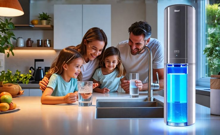 A family enjoying a glass of water in a modern kitchen with a UVC LED water purifier glowing under the sink, highlighting clean and safe drinking water.