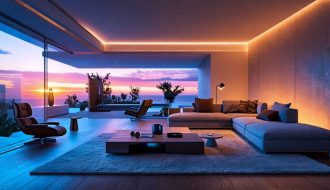 A modern living room with dynamic ambient lighting controlled by a voice-activated smart home device, showcasing the convenience of voice-activated lighting.