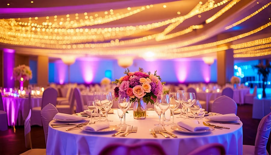 Wedding venue illuminated with soft and colorful lighting to enhance ambiance