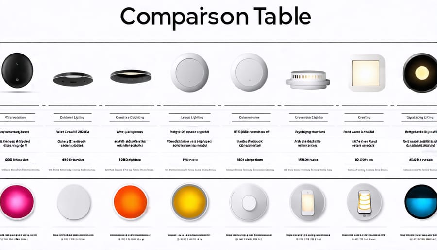 Detailed comparison table of different Zigbee lighting products and their features