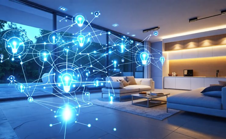 Illustration of a modern home with interconnected Zigbee-enabled lighting fixtures, showcasing seamless wireless communication and smart home integration.